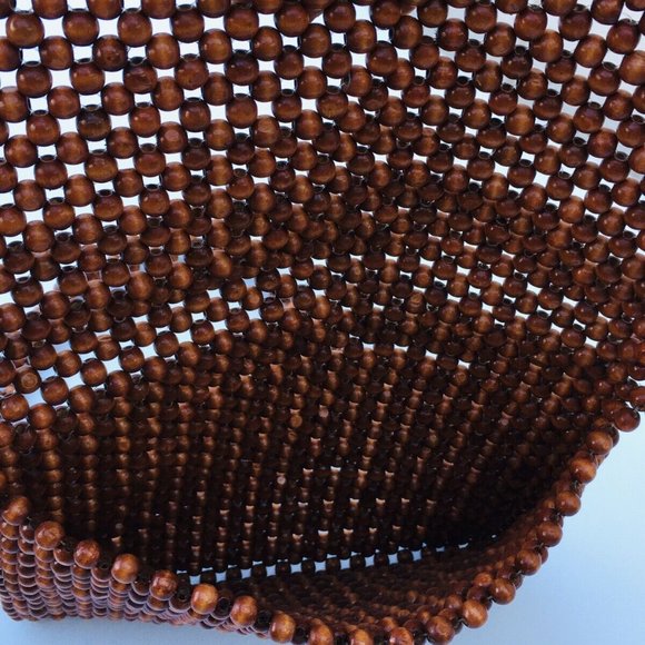 Vintage Hand Made Brown Wood Beaded Evening Shoulder Handbag Long Strap Bag - Picture 11 of 12